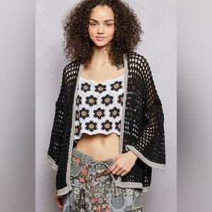 POL Open Front Openwork Cardigan with Contrast Trim